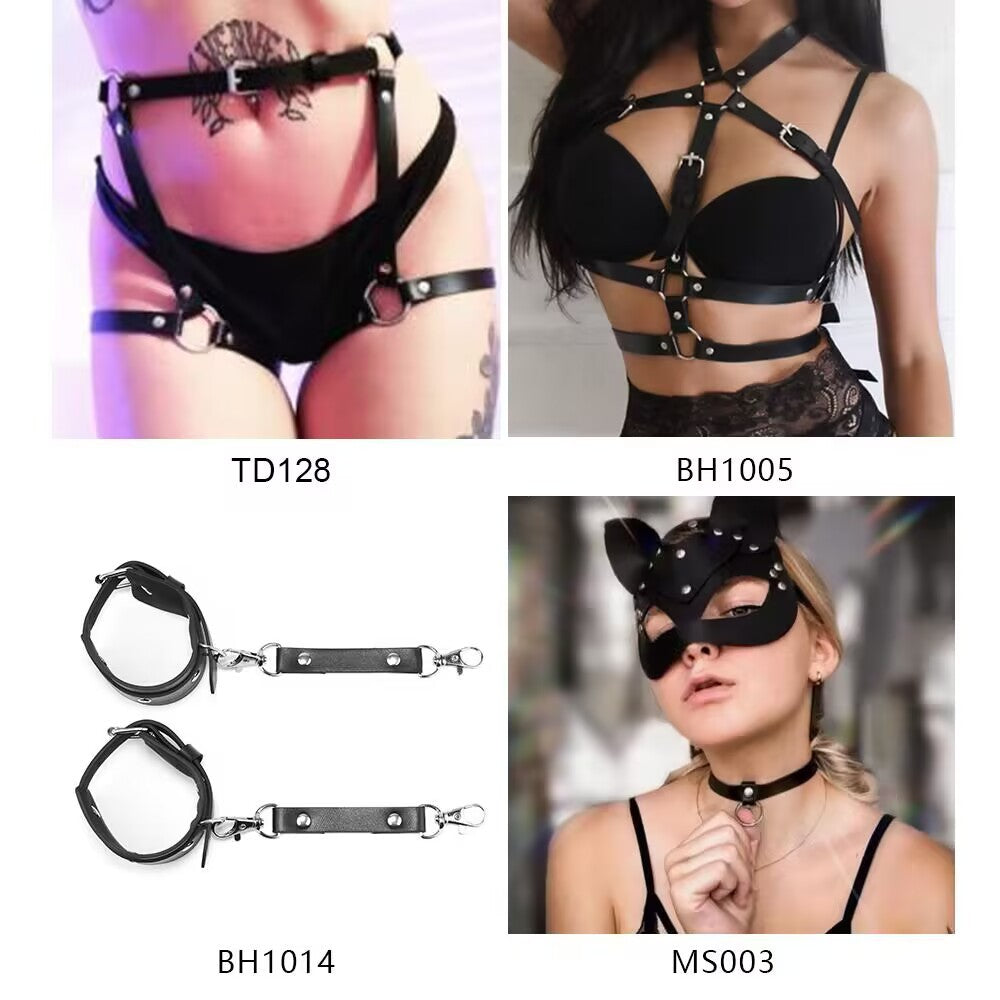 Colección Roxana — arnés, antifaz y esposas en PU